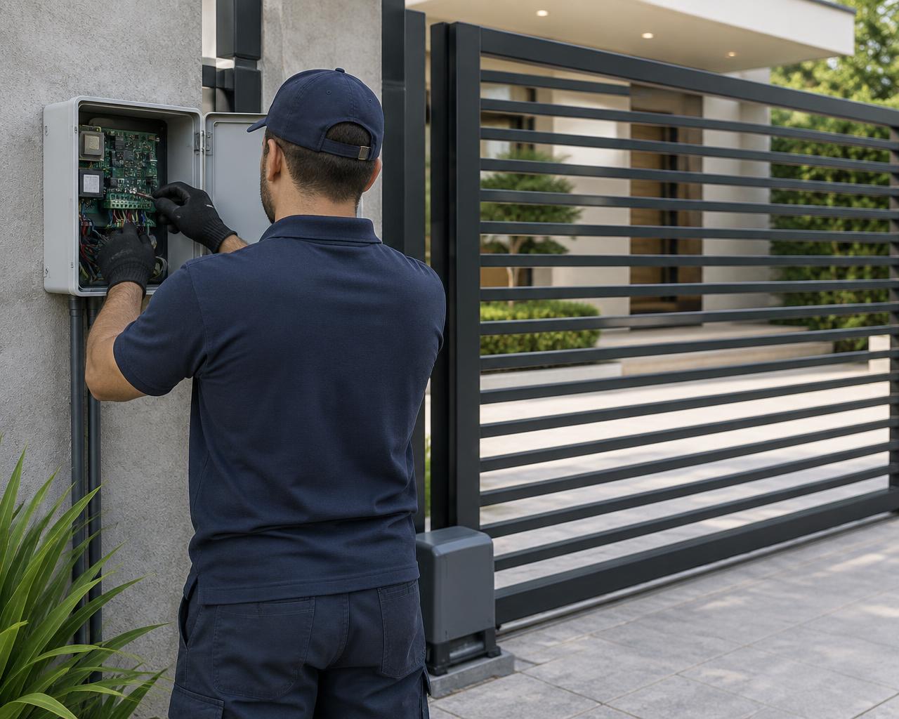 Técnico trabalhando no sistema de um portão automático